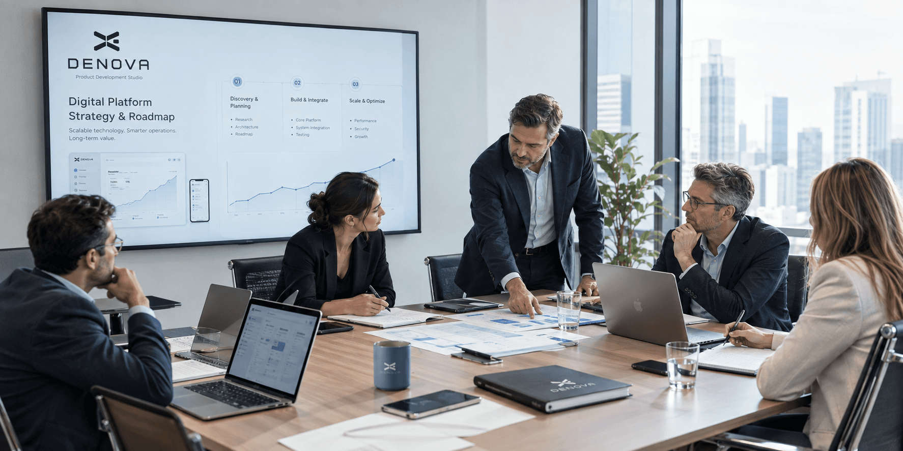 An enterprise team in a boardroom reviewing a digital platform roadmap on a large screen.