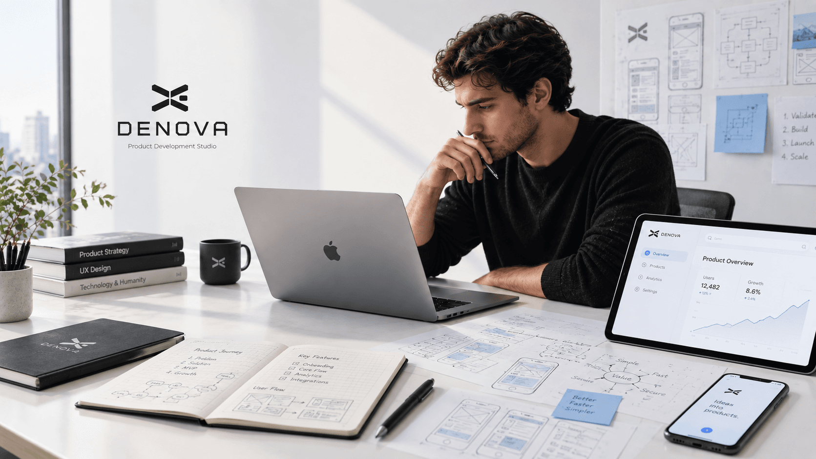 A founder at a desk thinking through a product, with sketches, notes and an early dashboard around them.