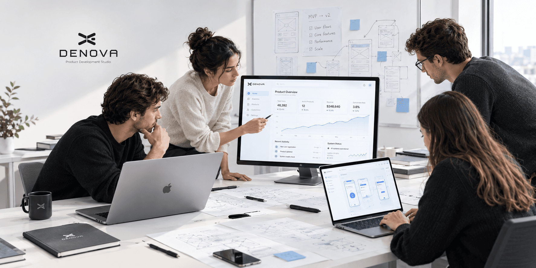 A small startup team around a monitor and laptops, working through a product dashboard and wireframes together.