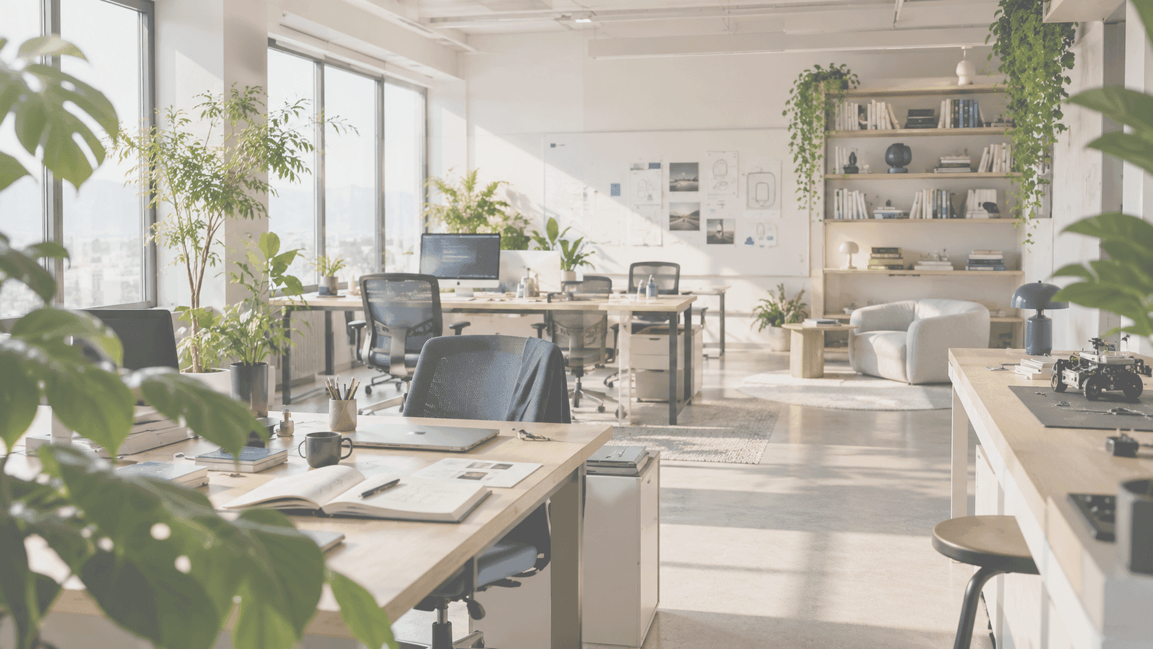 The DenovaLabs studio: a daylit workspace of shared desks, plants and pinned-up work.